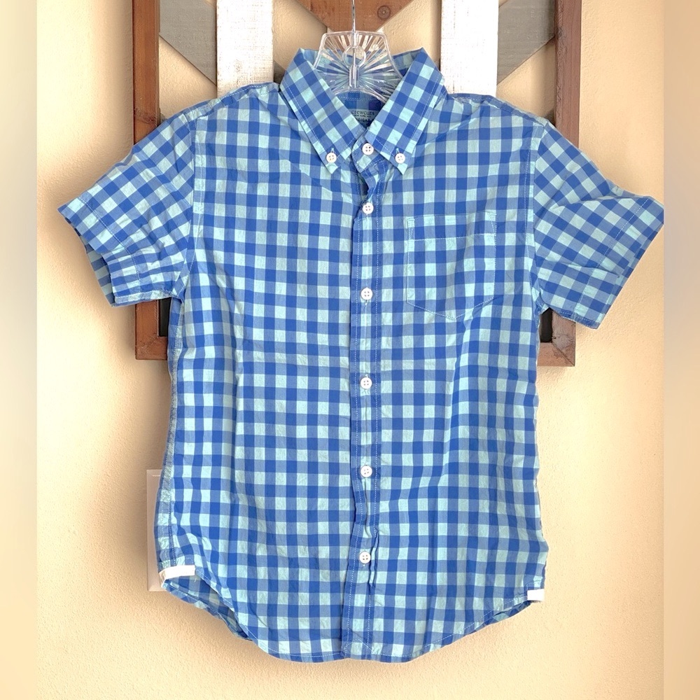 EUC Boys 6-7 Button Down S/S Shirt Crewcuts Blue Aqua Gingham Plaid Check JCREW
